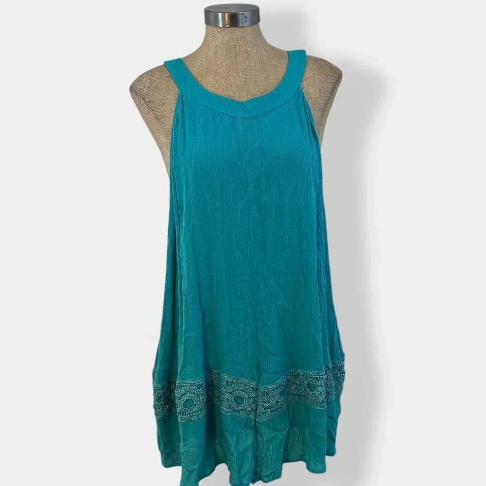 Ashley Stewart Teal Sleeveless Top with Lace 26/28